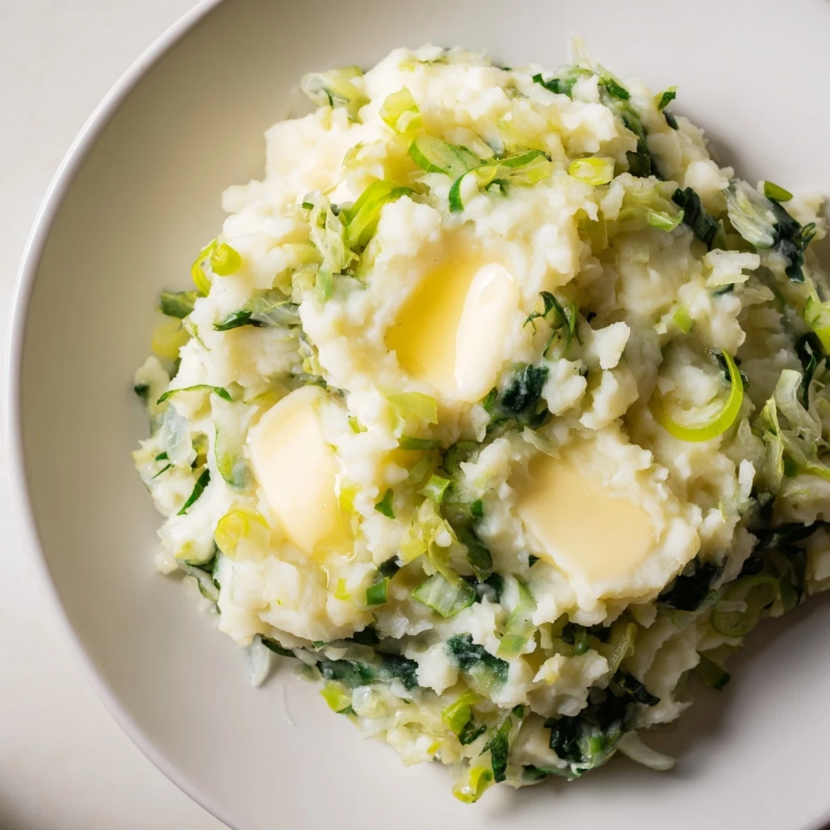 The finished bowl of Irish Colcannon Mashed Potatoes, with melted butter pooling on top and flecks of green cabbage and scallions.