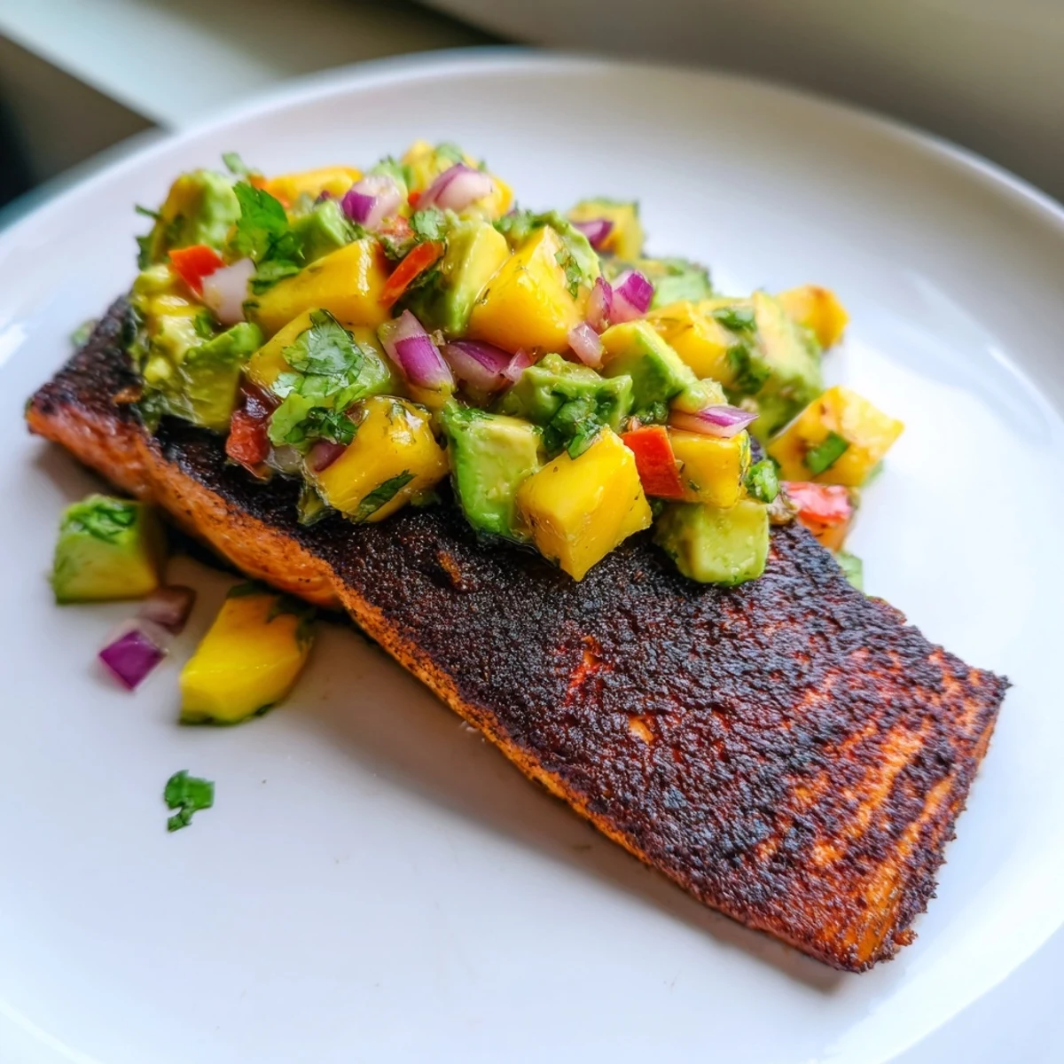 Blackened salmon with mango avocado salsa topped with cilantro and lime on a rustic plate.