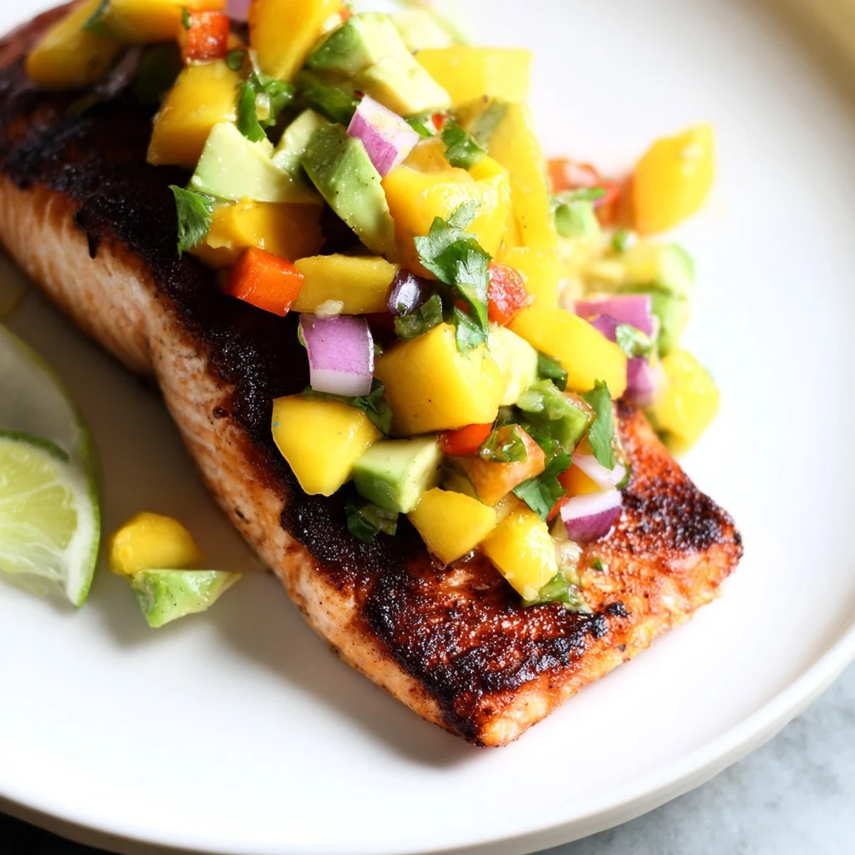 Spicy blackened salmon fillet with vibrant mango avocado salsa, perfect for a summer main dish.