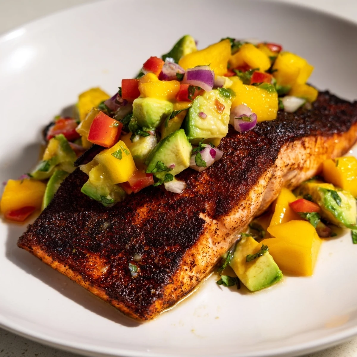 Seared blackened salmon with a scoop of fresh mango avocado salsa garnished with jalapeño slices.