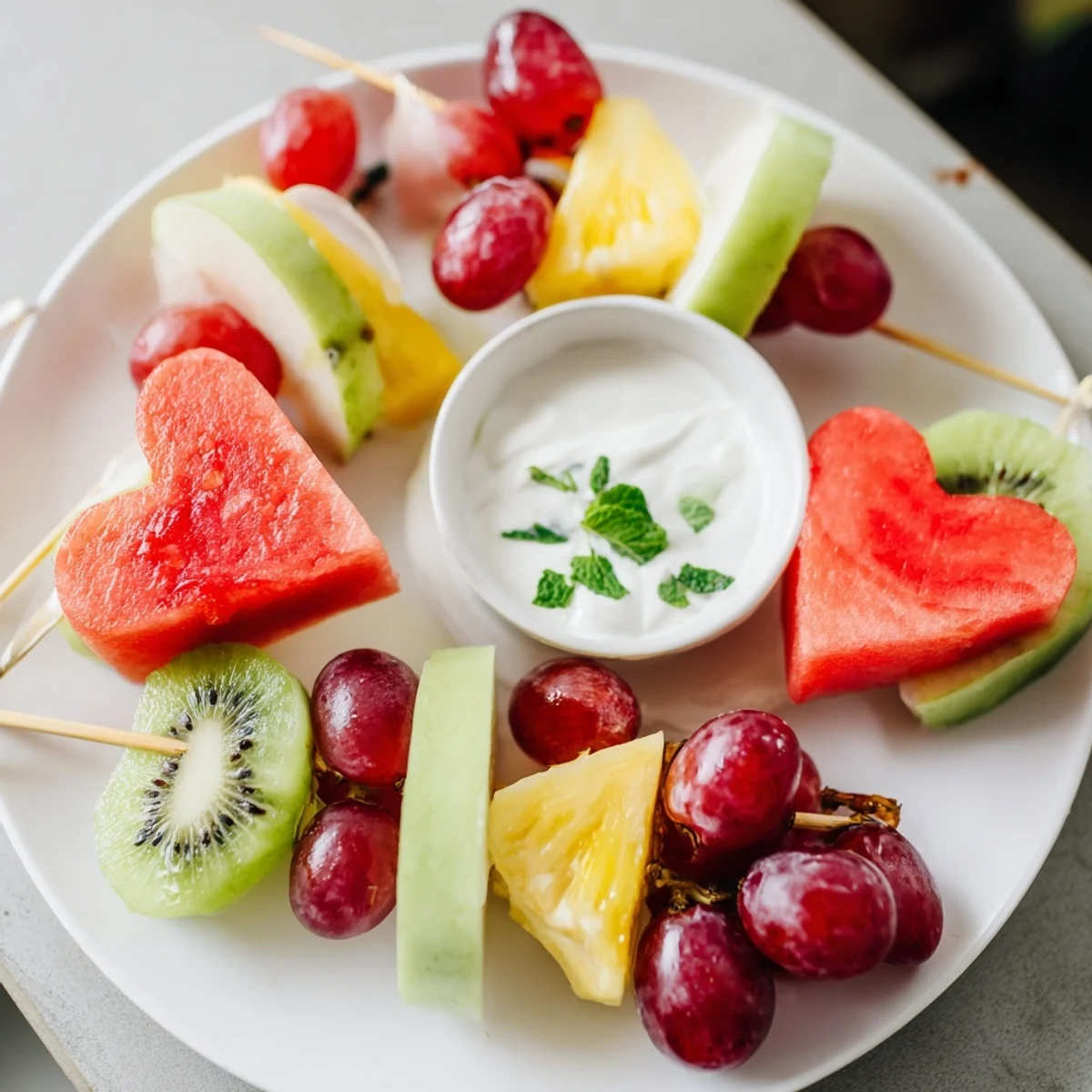Bright red strawberries, green grapes, and heart-cut watermelon and pineapple pieces on wooden skewers, served with a creamy honey Greek yogurt dip garnished with mint.