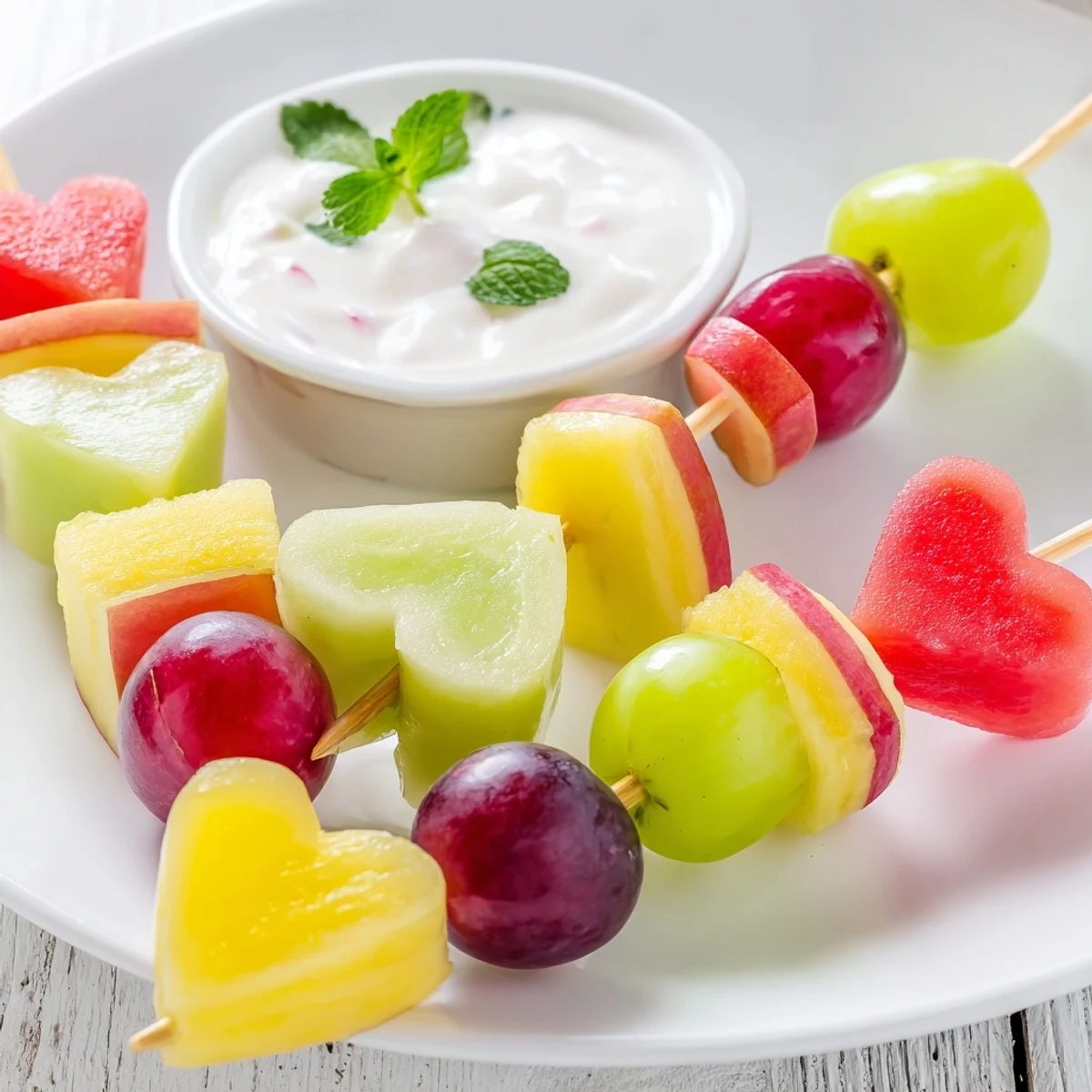 Colorful fruit skewers with heart-shaped apple and kiwi slices beside a bowl of vanilla Greek yogurt dip, ready for a healthy snack or party platter.