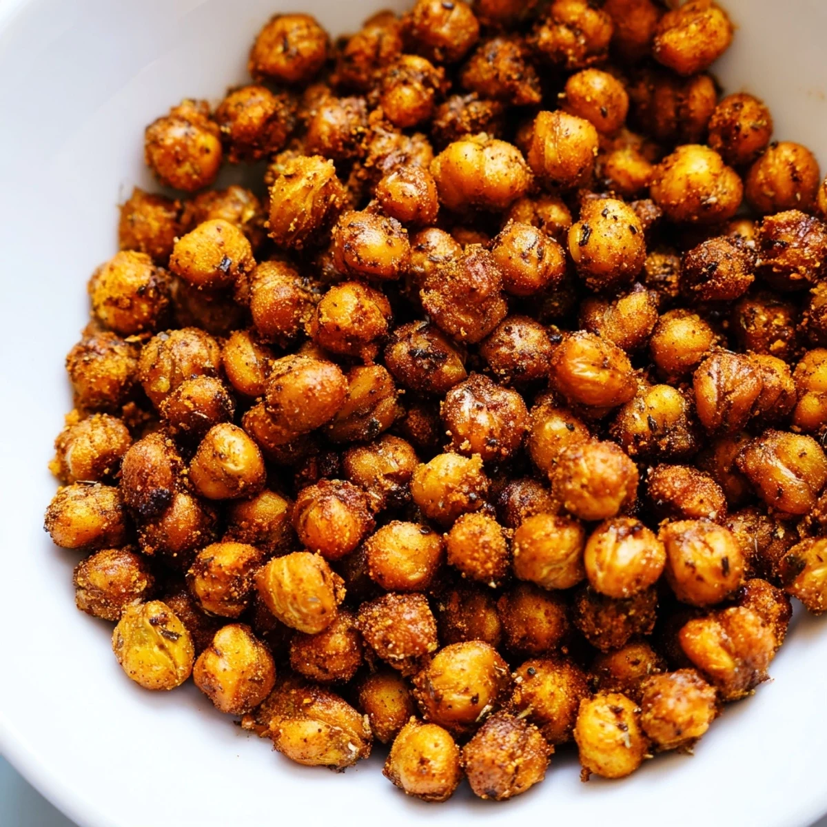 A bowl of Cajun Spiced Roasted Chickpeas shines with olive oil and spices, perfect for snacking or topping a fresh salad.