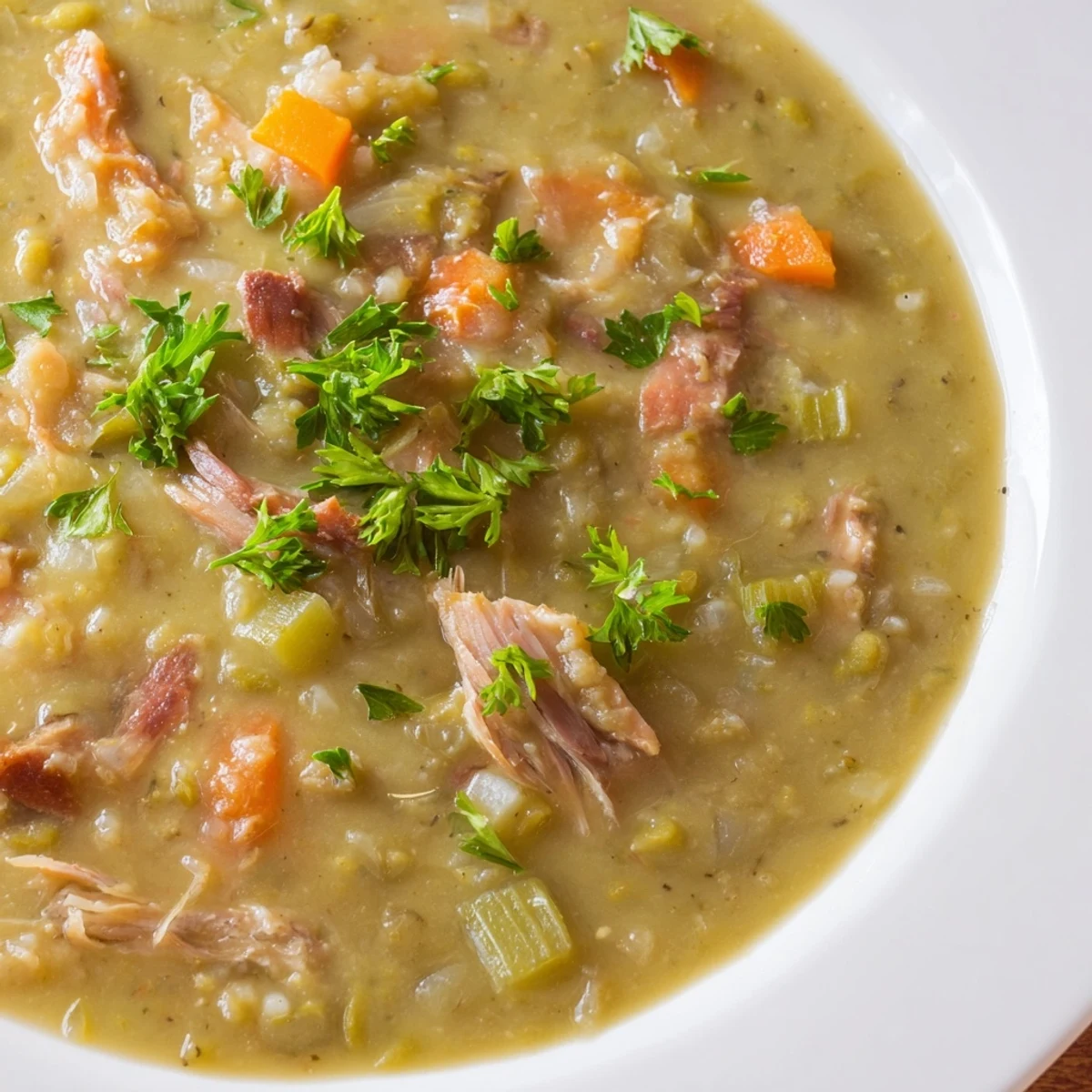 A steaming bowl of Green Split Pea Soup with Smoked Turkey Leg, garnished with fresh parsley and ready to serve.
