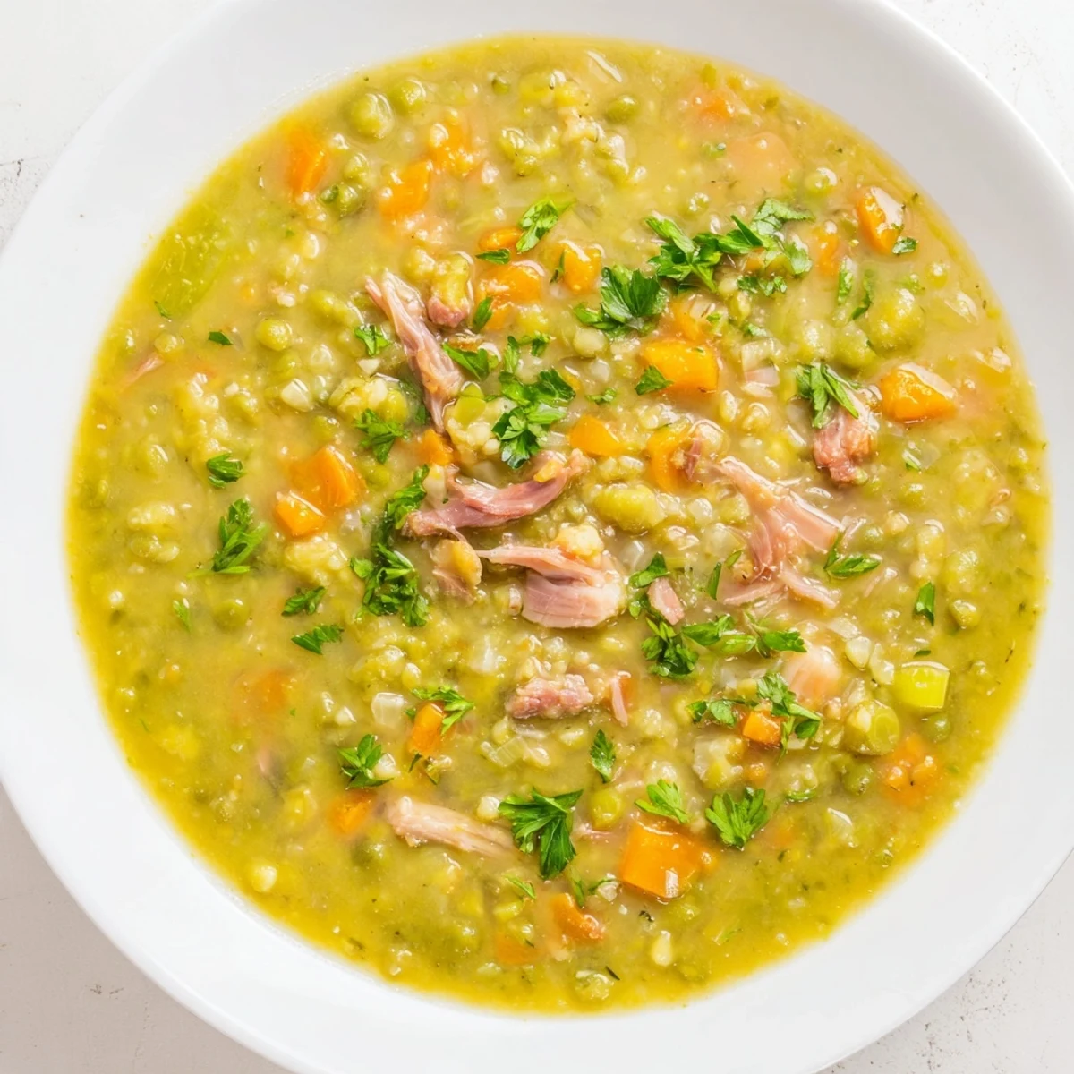 Close-up on tender green split peas and shredded smoked turkey leg swimming in a hearty, flavorful soup broth.