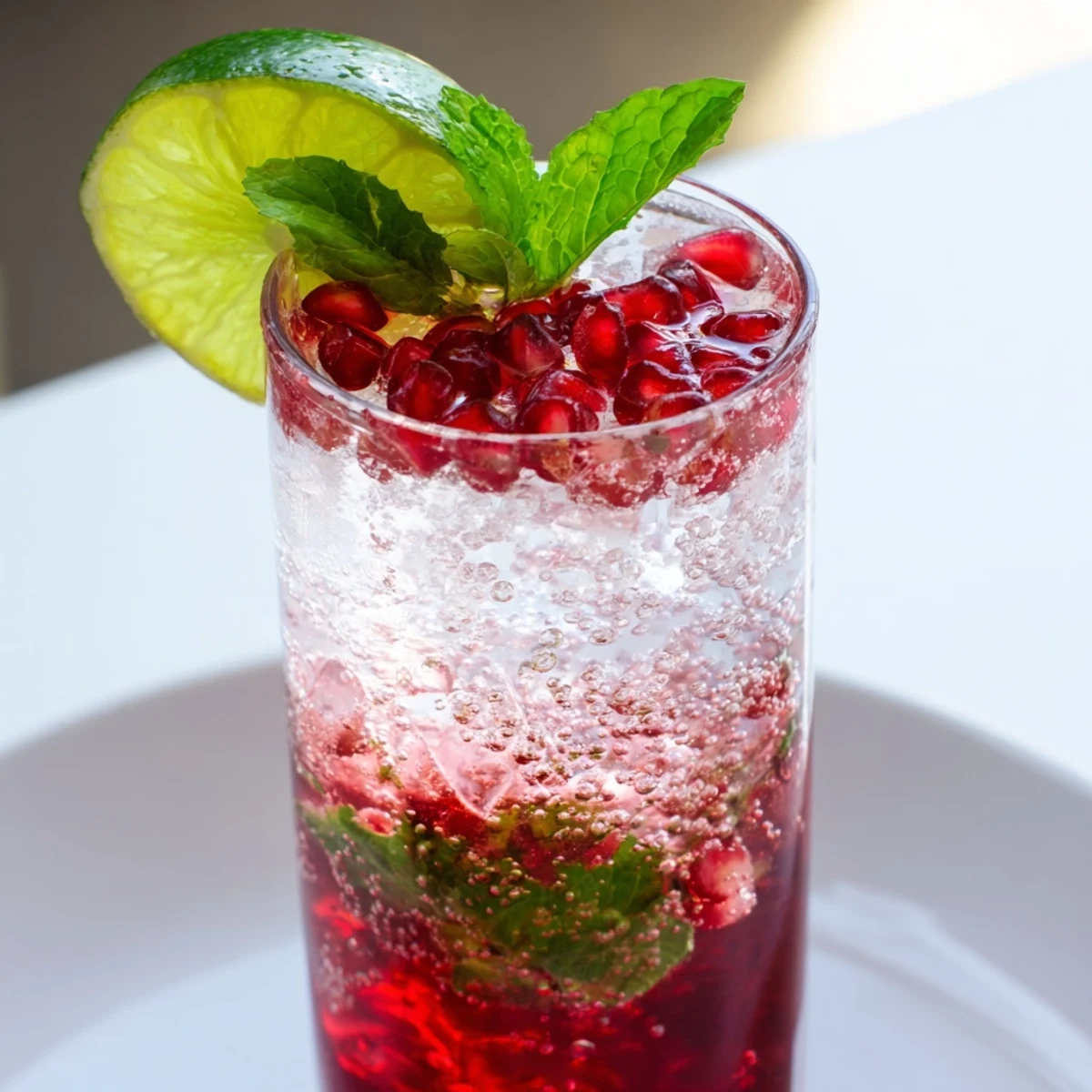 Sparkling Pomegranate Fizz Mocktail with Lime served over ice, garnished with fresh pomegranate arils and lime slices.