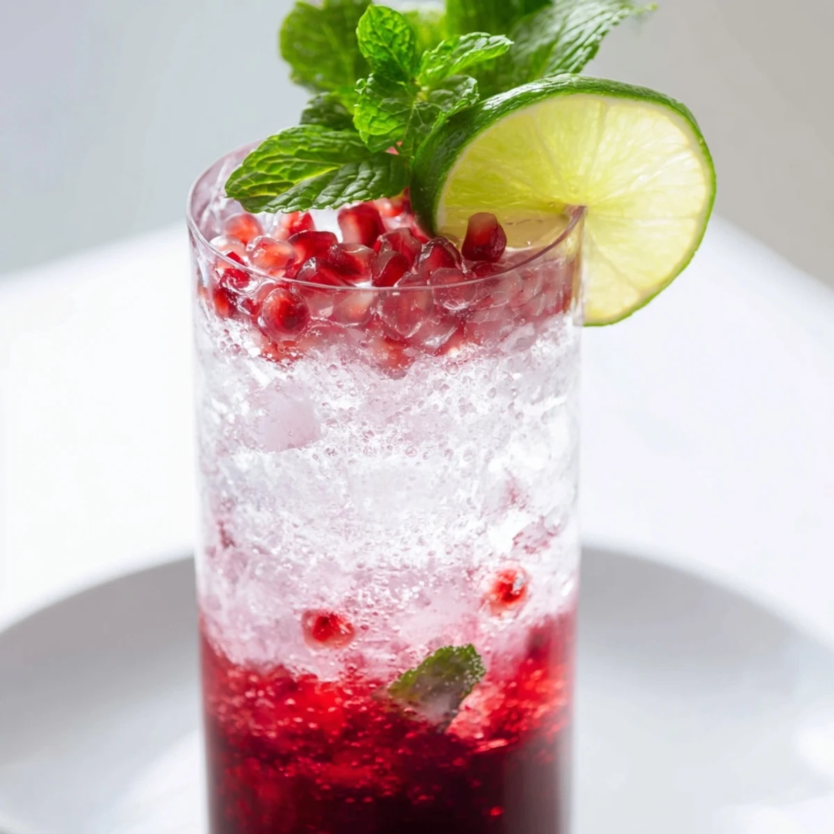 A vibrant red Pomegranate Fizz Mocktail with Lime, topped with fresh mint, in a clear glass with condensation.