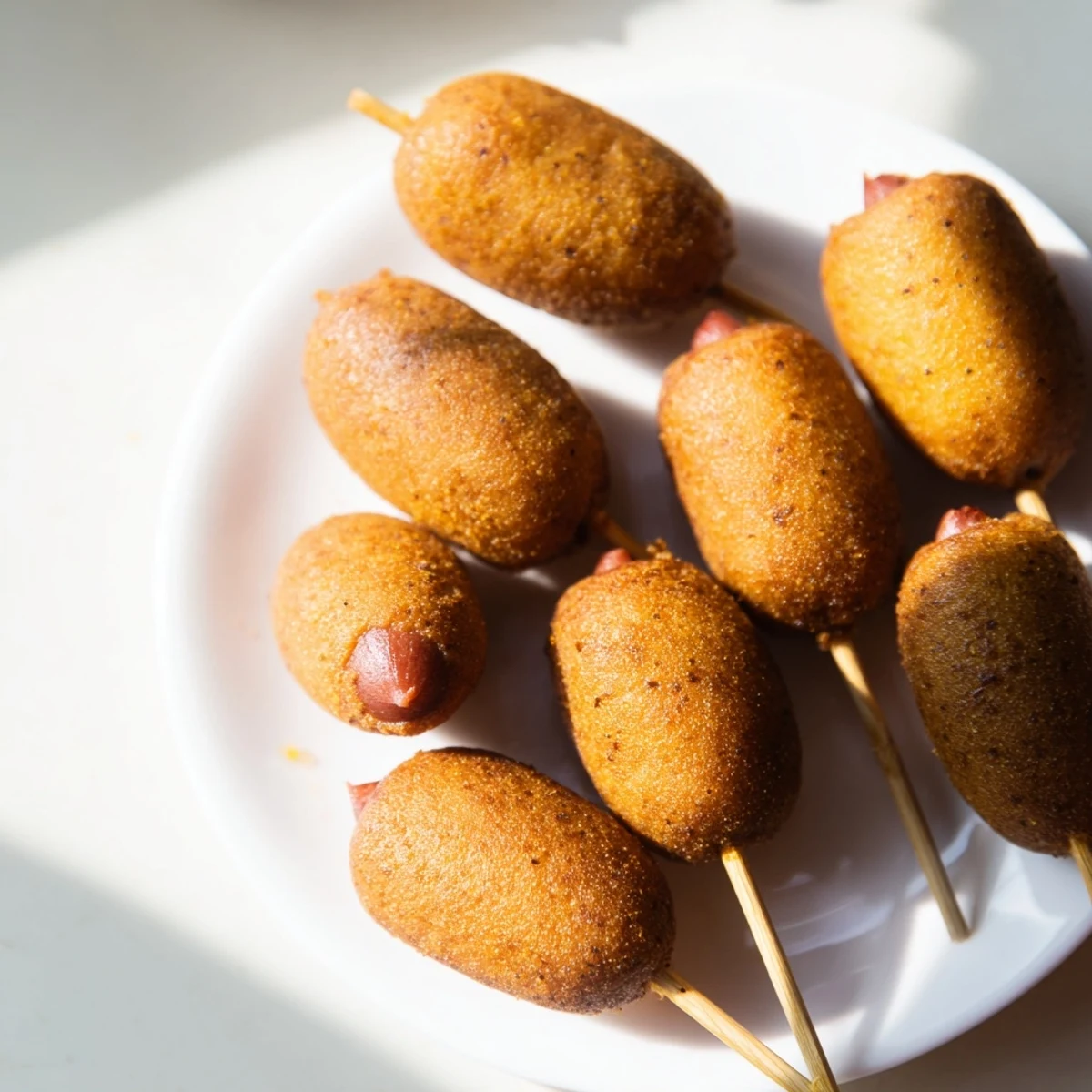 A batch of Mini Corn Dogs with Beef Franks fried until crunchy and golden, served on a platter for game day.