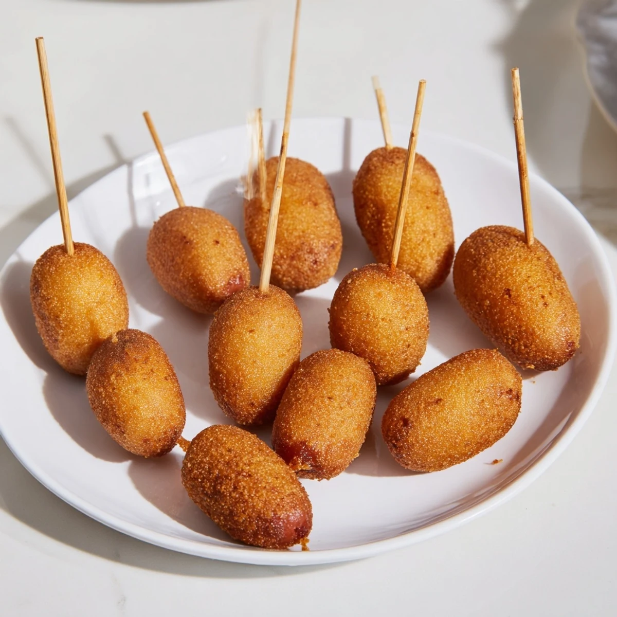 Mini Corn Dogs with Beef Franks on a platter with dipping sauces, perfect party appetizer with a crispy cornmeal coating.
