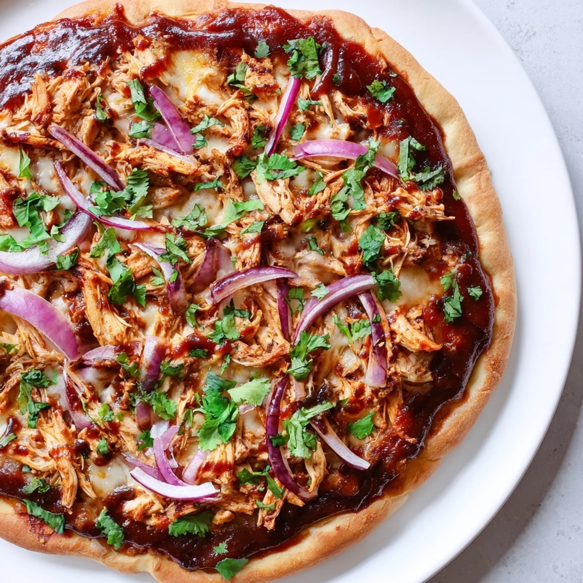 Slice of BBQ Chicken Pizza with Red Onion and Cilantro on a wooden board, garnished with fresh cilantro and red onion rings.