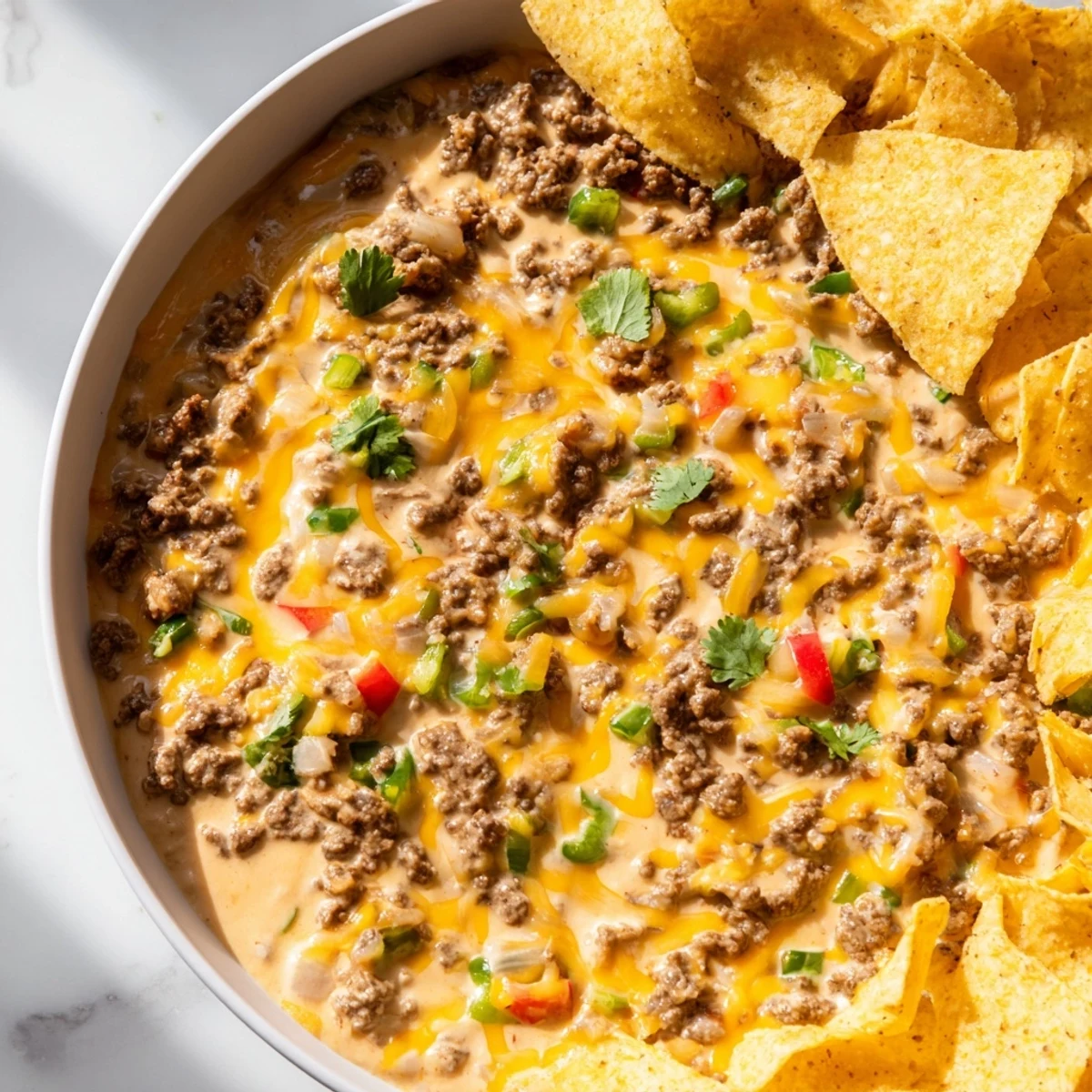Warm, melty Beef Queso Dip served in a rustic bowl, surrounded by golden, crispy tortilla chips and a sprinkle of fresh cilantro for dipping.