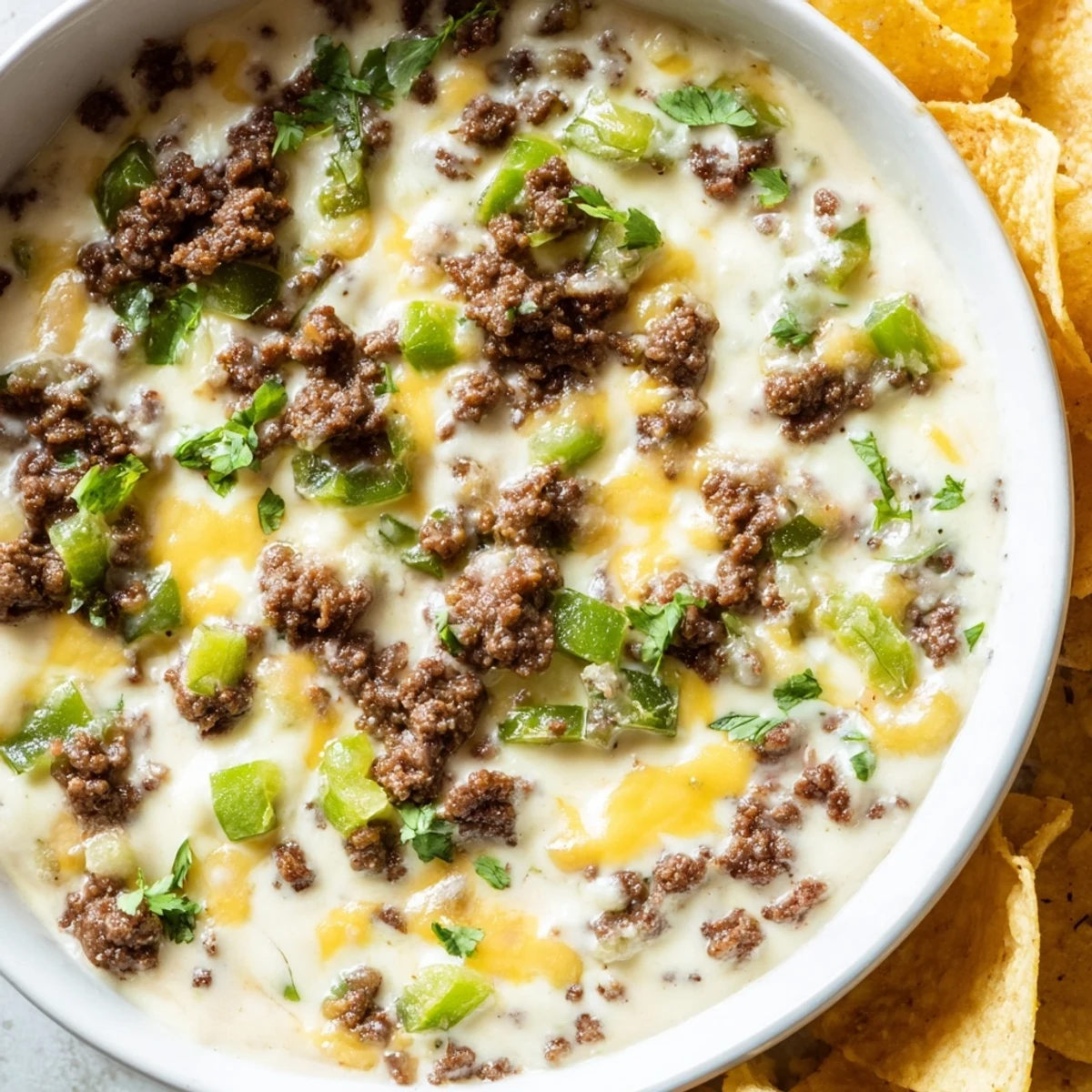 A close-up of creamy Tex-Mex Beef Queso Dip, bubbling with seasoned ground beef and peppers, paired with a pile of crunchy tortilla chips.