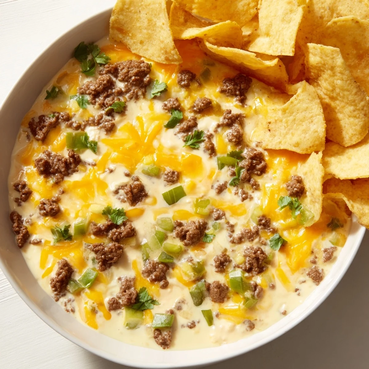 Party-ready Beef Queso Dip topped with cilantro, alongside a basket of crisp tortilla chips, perfect for a game day appetizer spread.