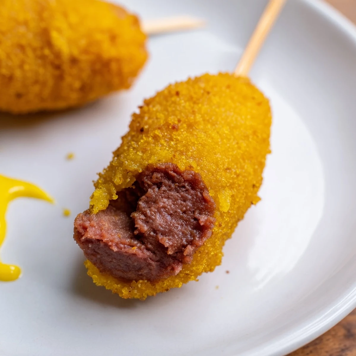 Golden brown Mini Corn Dogs with beef franks on skewers are served with a small dish of yellow mustard for dipping.
