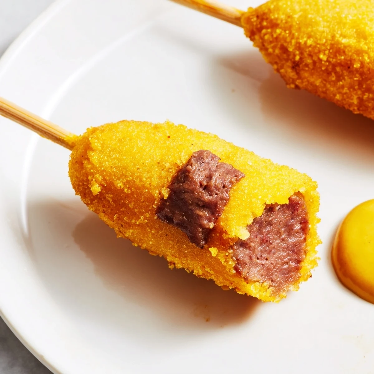 These bite-sized Mini Corn Dogs with juicy beef franks and tangy yellow mustard are perfect for a party platter.