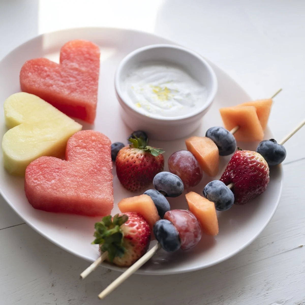 Freshly cut heart-shaped watermelon, cantaloupe, and pineapple on wooden skewers, paired with a creamy honey-yogurt dip for a festive snack.