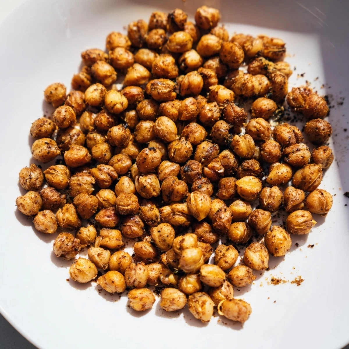 Golden brown Cajun Spiced Roasted Chickpeas with paprika spill from a ceramic bowl onto a rustic table.