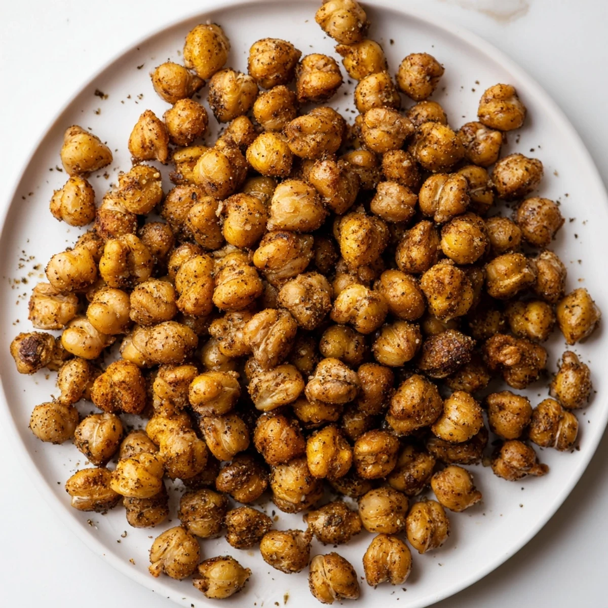 A close-up shows crispy Cajun Spiced Roasted Chickpeas with paprika on a fresh green salad for texture.