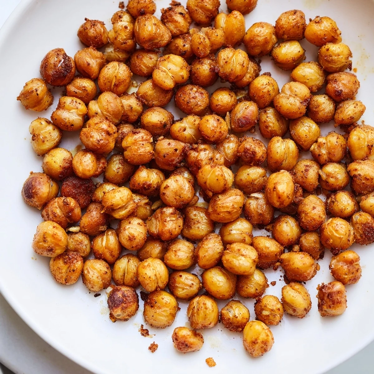 Plate of seasoned Cajun Spiced Roasted Chickpeas with paprika, served as a high-protein vegan appetizer.