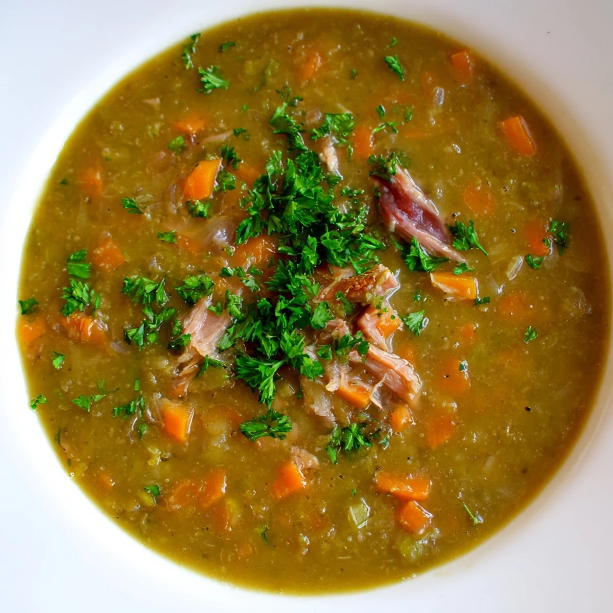 Hearty Green Split Pea Soup with Smoked Turkey Leg served steaming hot in a rustic bowl, garnished with fresh parsley.