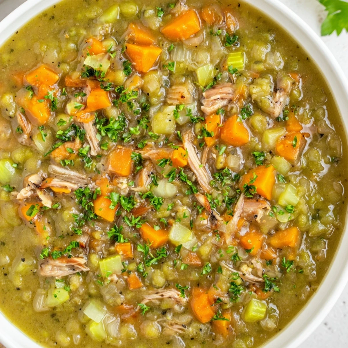 A bowl of Green Split Pea Soup with Smoked Turkey Leg, featuring tender peas and shredded dark meat, ready to eat.