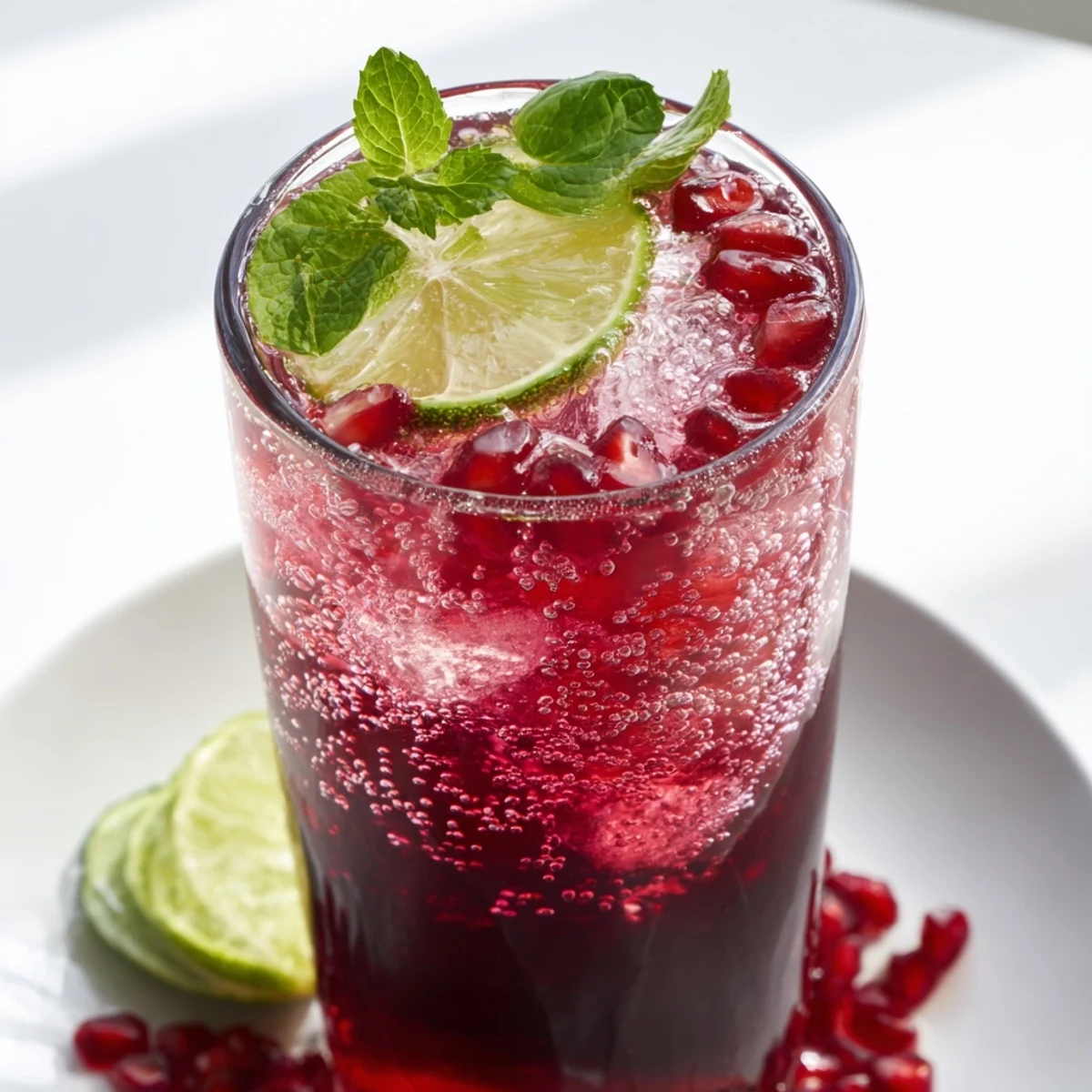 Frosted tall glasses filled with vibrant red pomegranate fizz, topped with fresh lime wedges and arils. The chilled drink is ready to serve.