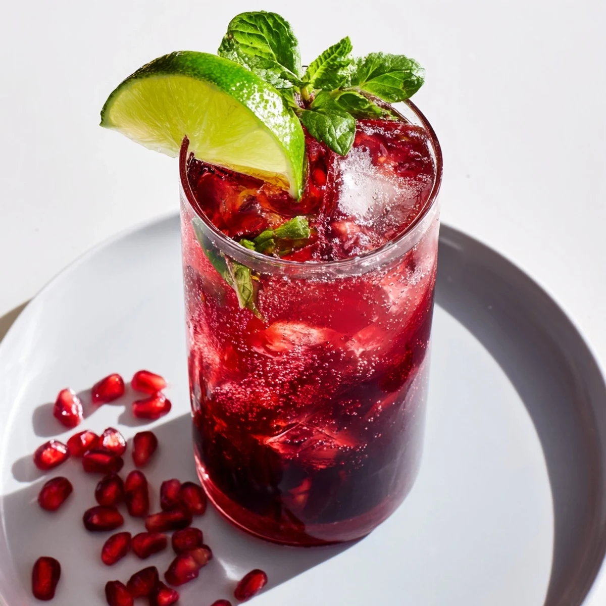 Refreshing non-alcoholic Pomegranate Fizz Mocktail with ruby red hue, mint sprigs, and zesty lime wedge garnish on a slate counter.