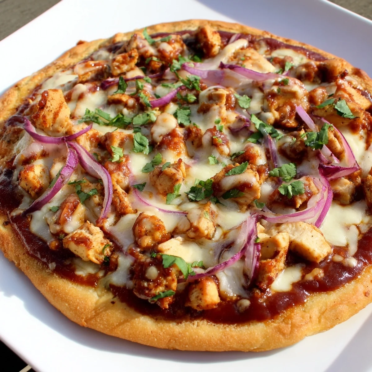Golden-brown BBQ Chicken Pizza with Red Onion and Cilantro bubbling with mozzarella and gouda on a wooden cutting board.