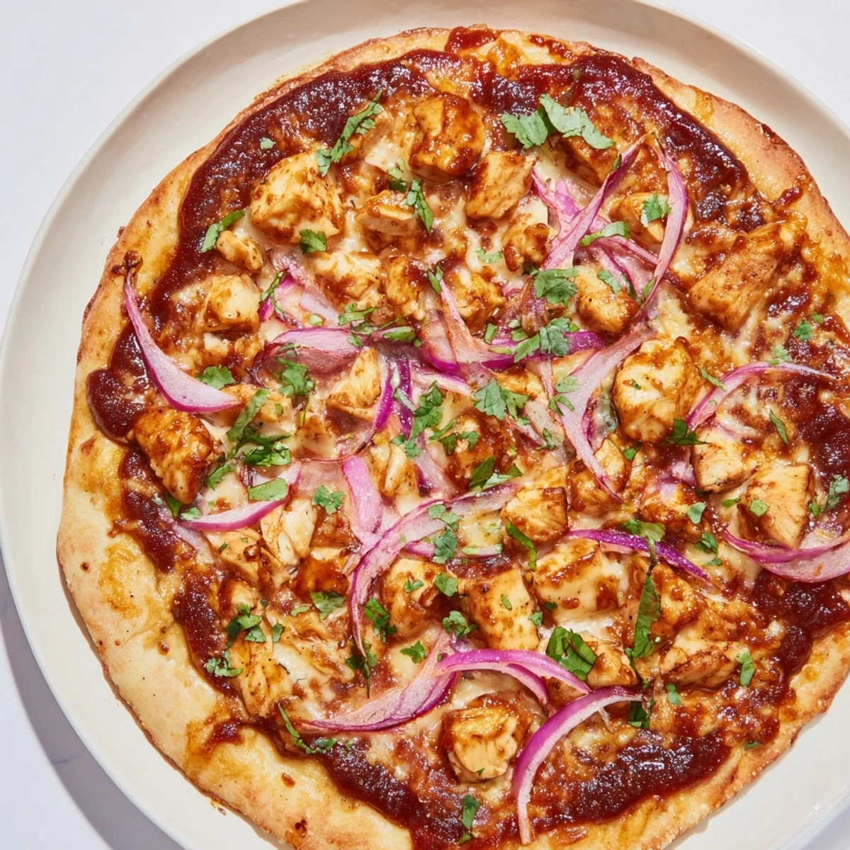 Freshly baked BBQ Chicken Pizza with Red Onion and Cilantro served with a cold lager for an easy dinner.