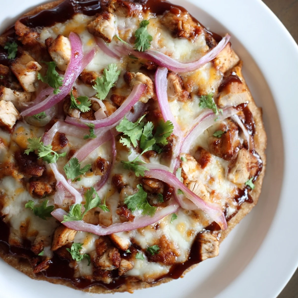 Smoky BBQ sauce and tender chicken topped with fresh cilantro and red onion on a rustic pizza slice close-up.