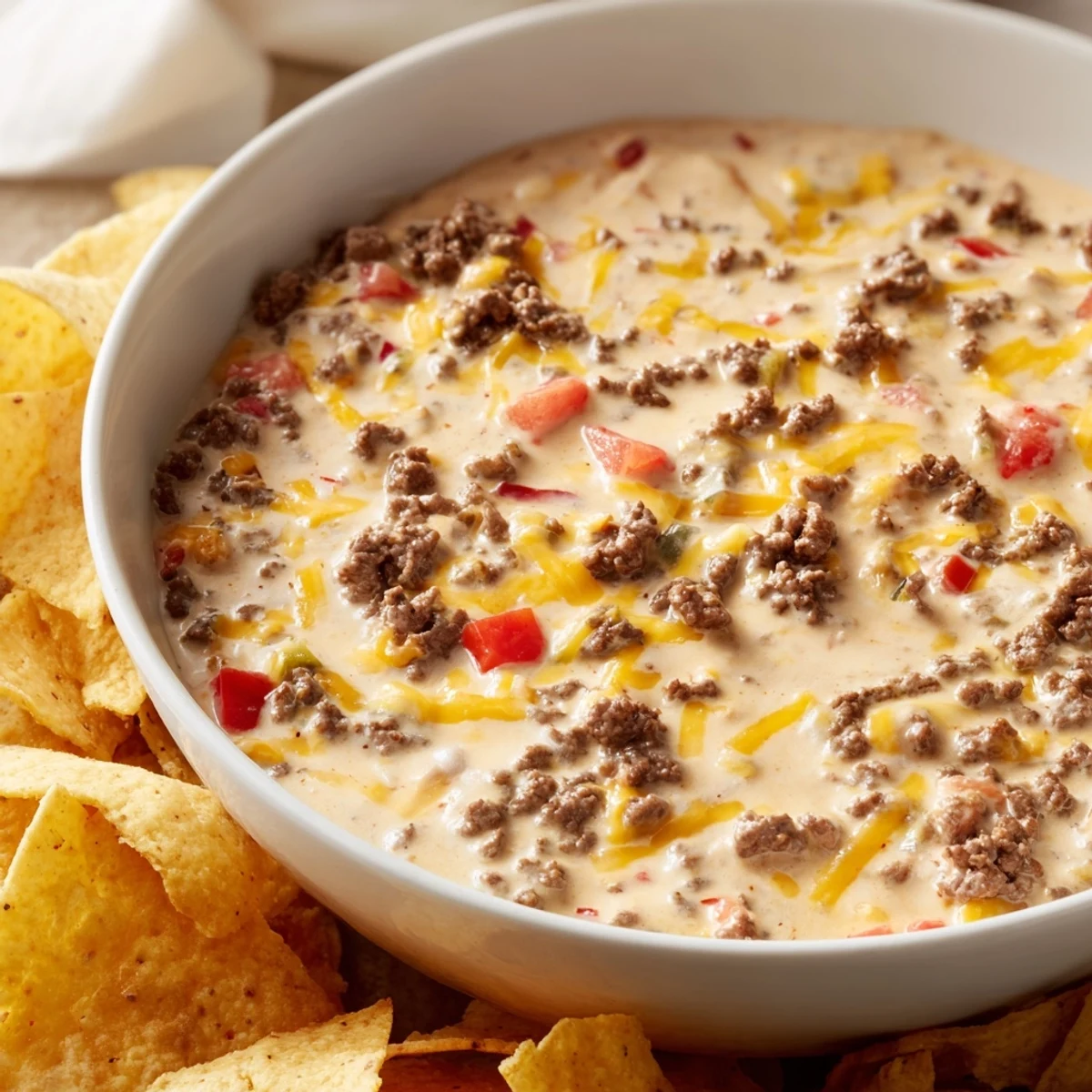 Creamy Beef Queso Dip with seasoned ground beef, melted cheese, and a side of crispy tortilla chips for scooping.