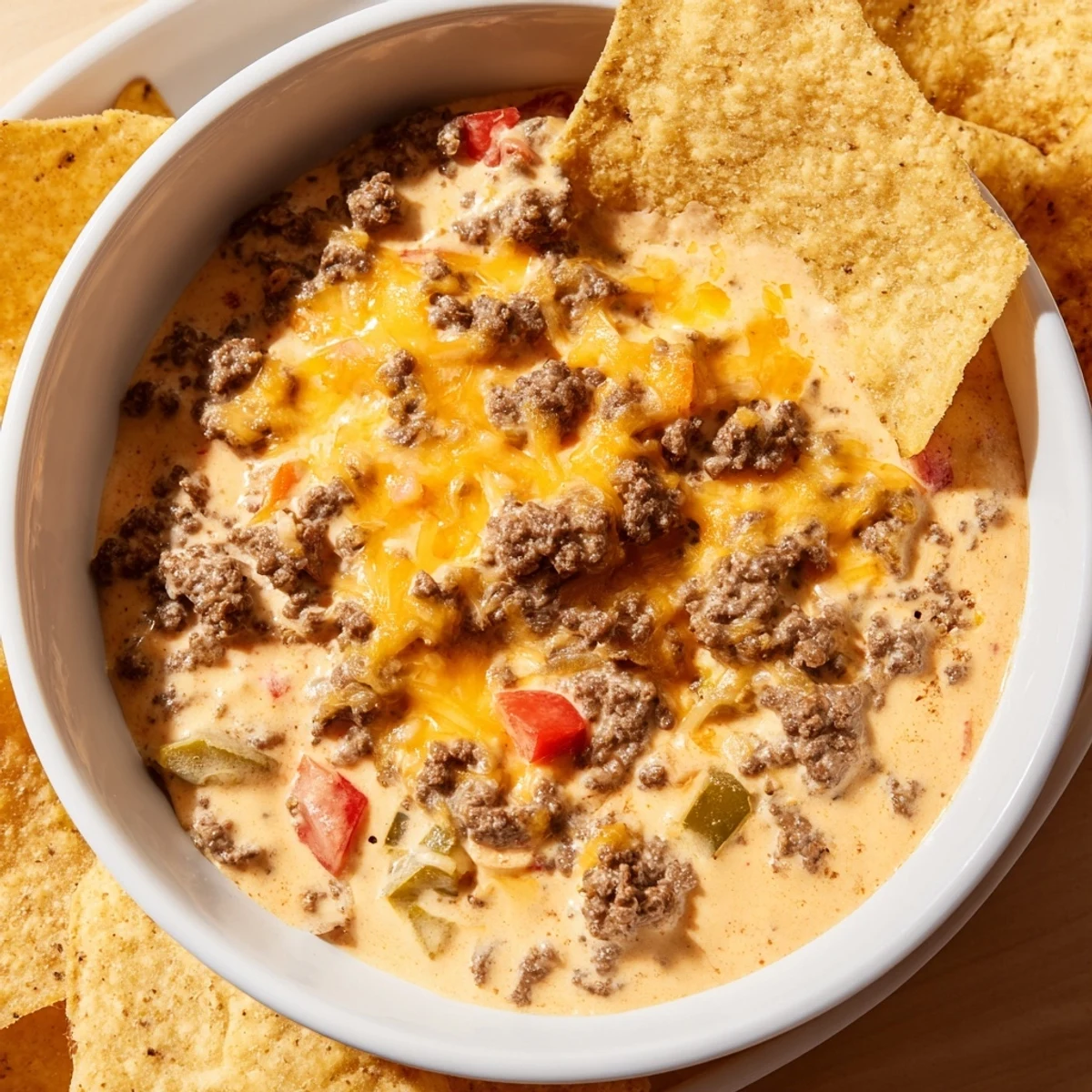 Homemade Beef Queso Dip features savory ground beef and gooey cheese, perfect for game day with chips and lime.