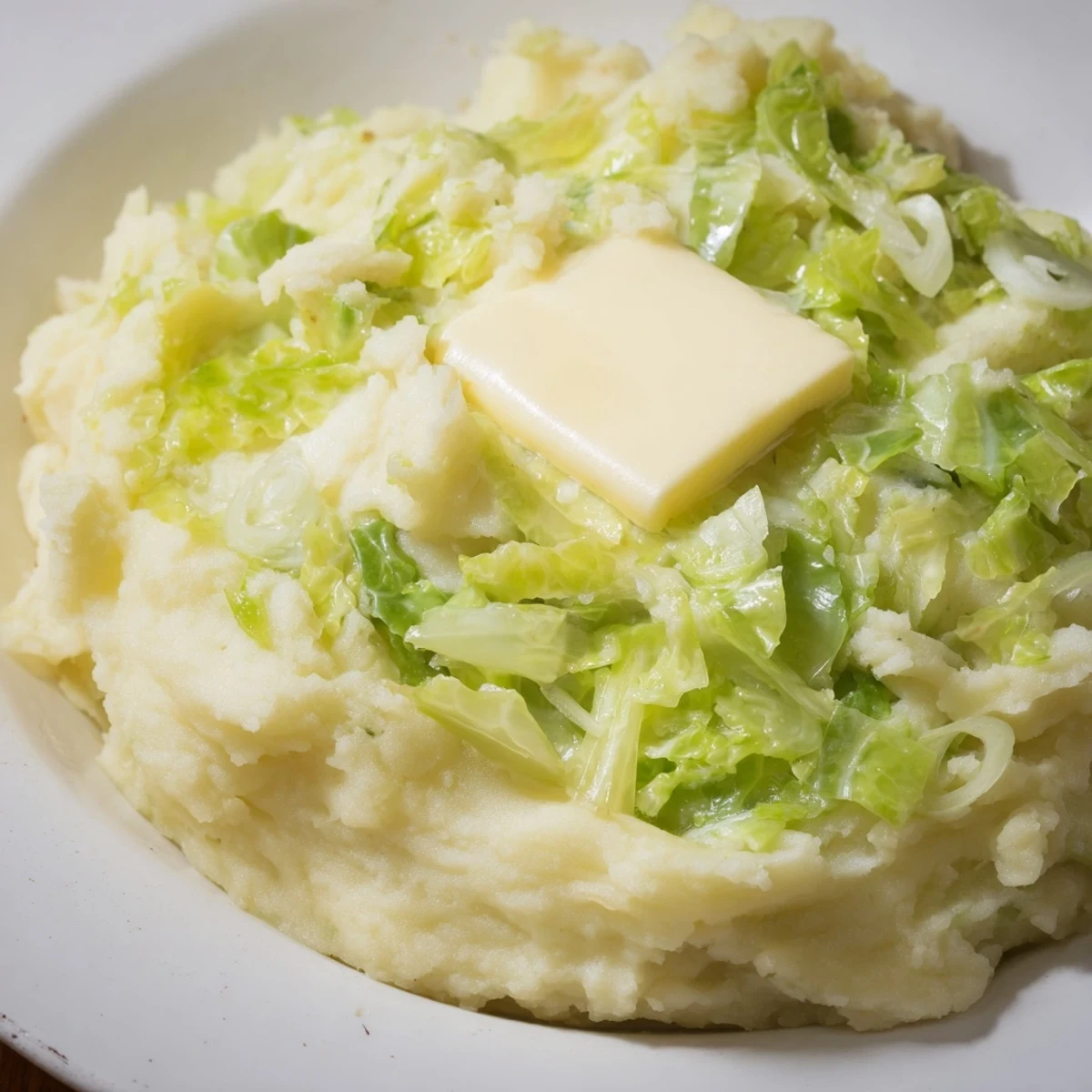Creamy Irish Colcannon Mashed Potatoes topped with a melting pat of butter, served in a rustic ceramic bowl.