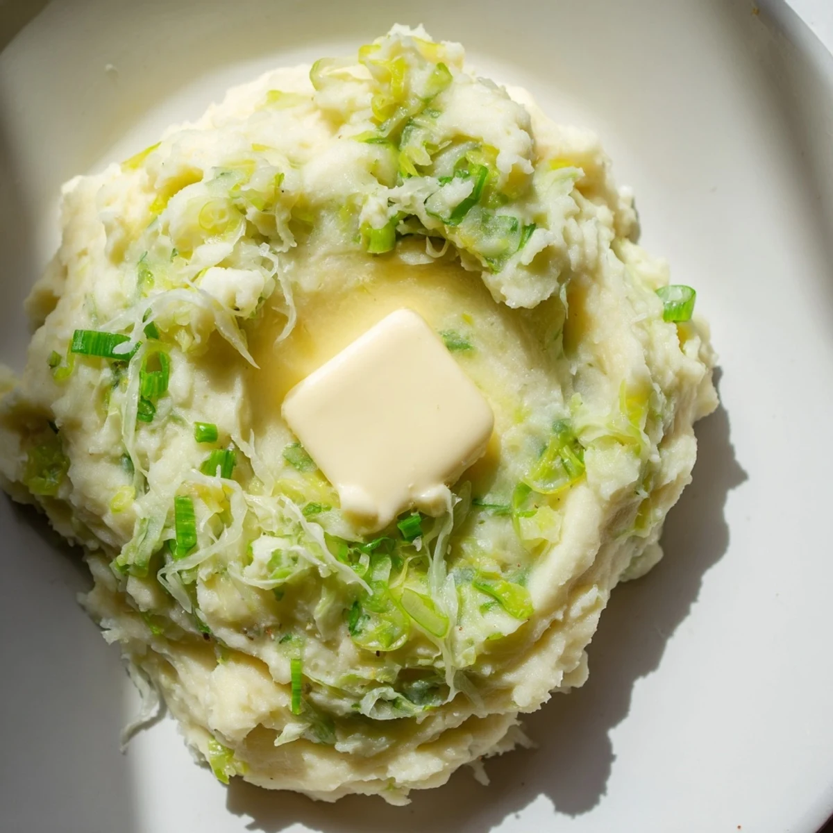 Homemade Irish Colcannon Mashed Potatoes paired with savory sausages on a warm dinner plate, ready to enjoy.