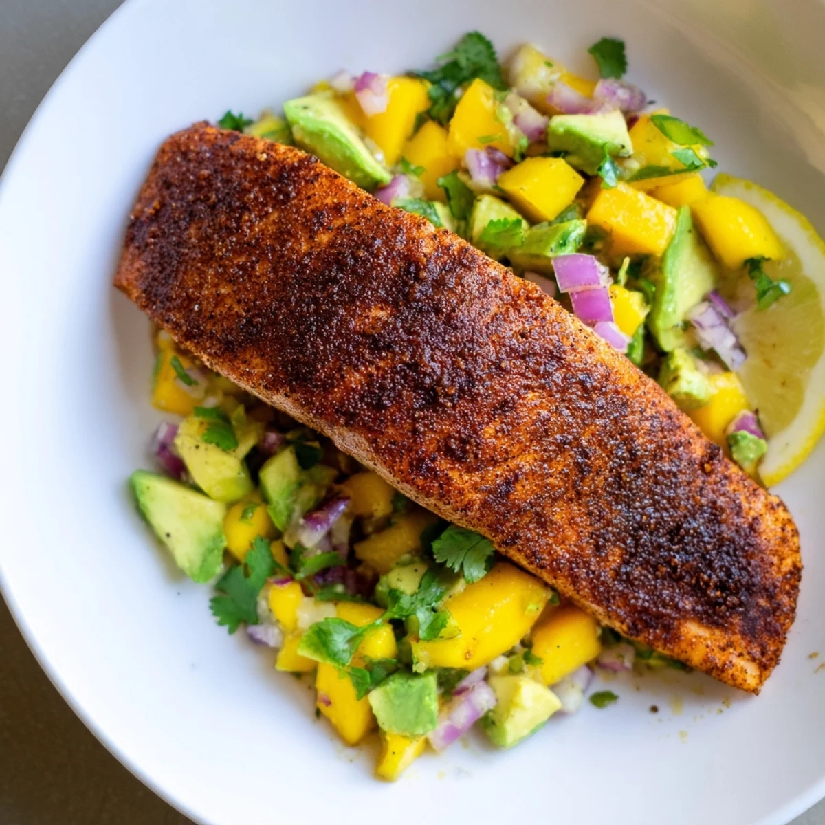 Juicy blackened salmon fillets topped with vibrant mango avocado salsa and a fresh lime wedge on a plate.