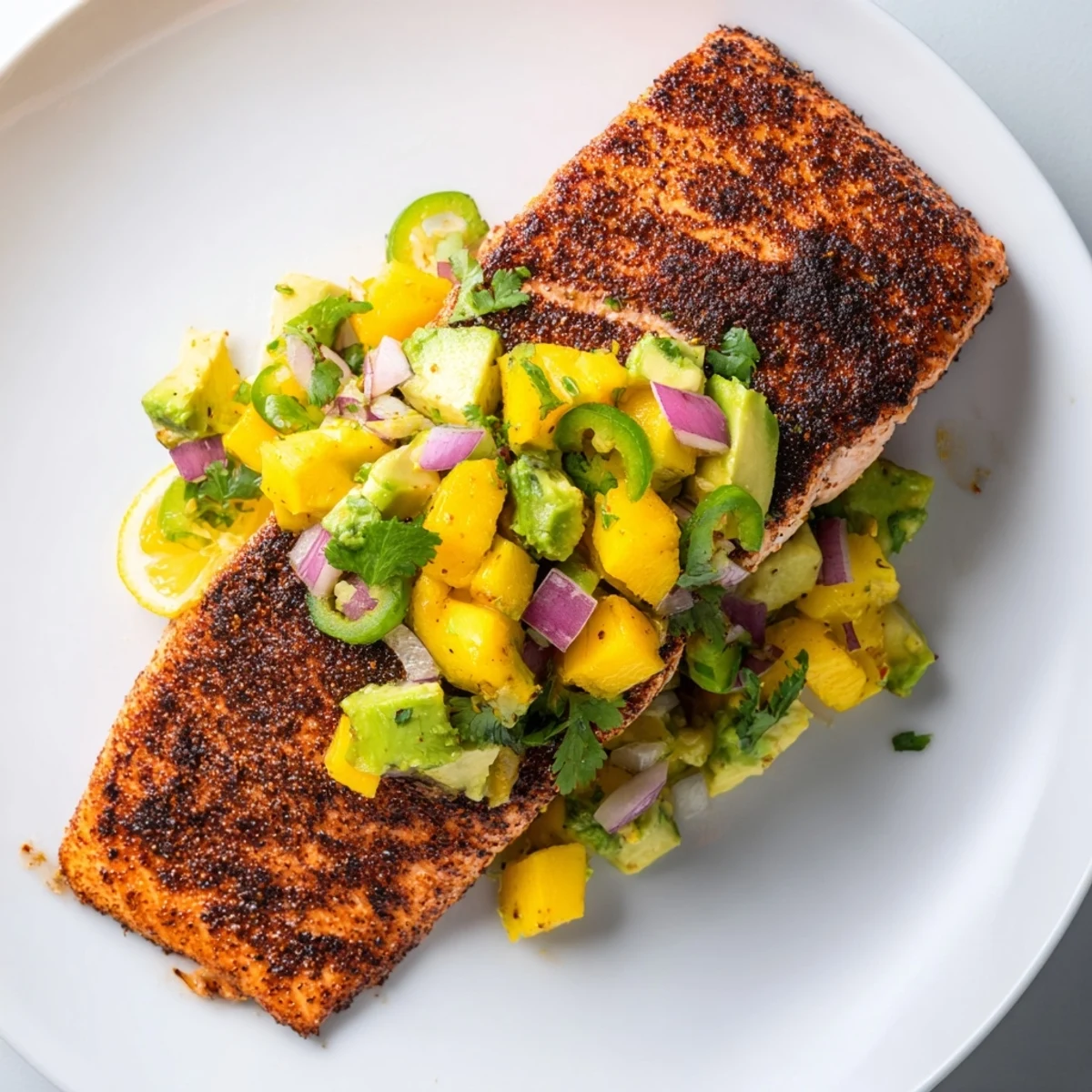 Perfectly seared Blackened Salmon with Mango Avocado Salsa served with lemon wedges for a quick, flavorful dinner.