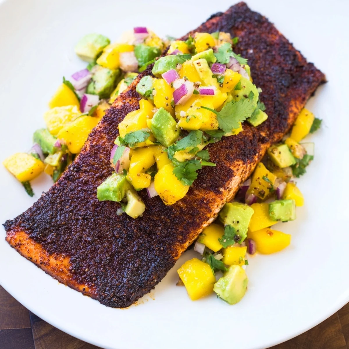 A close-up of golden-brown Blackened Salmon with Mango Avocado Salsa, a spicy and refreshing Caribbean-inspired main dish.
