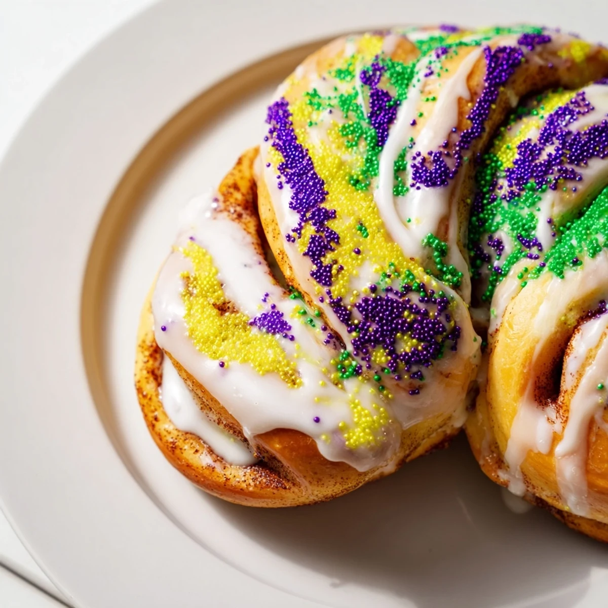 Golden-sliced Mardi Gras King Cake reveals cinnamon-sugar swirls inside a tender brioche ring, dusted with purple, green, and gold sugars.