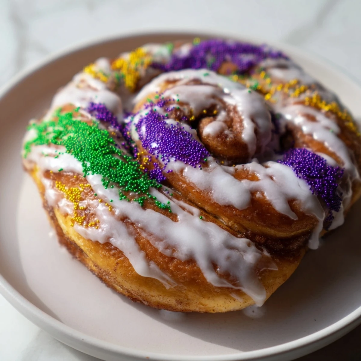 A freshly baked Mardi Gras King Cake topped with glossy white icing and festive colored sprinkles, ready to serve with café au lait.