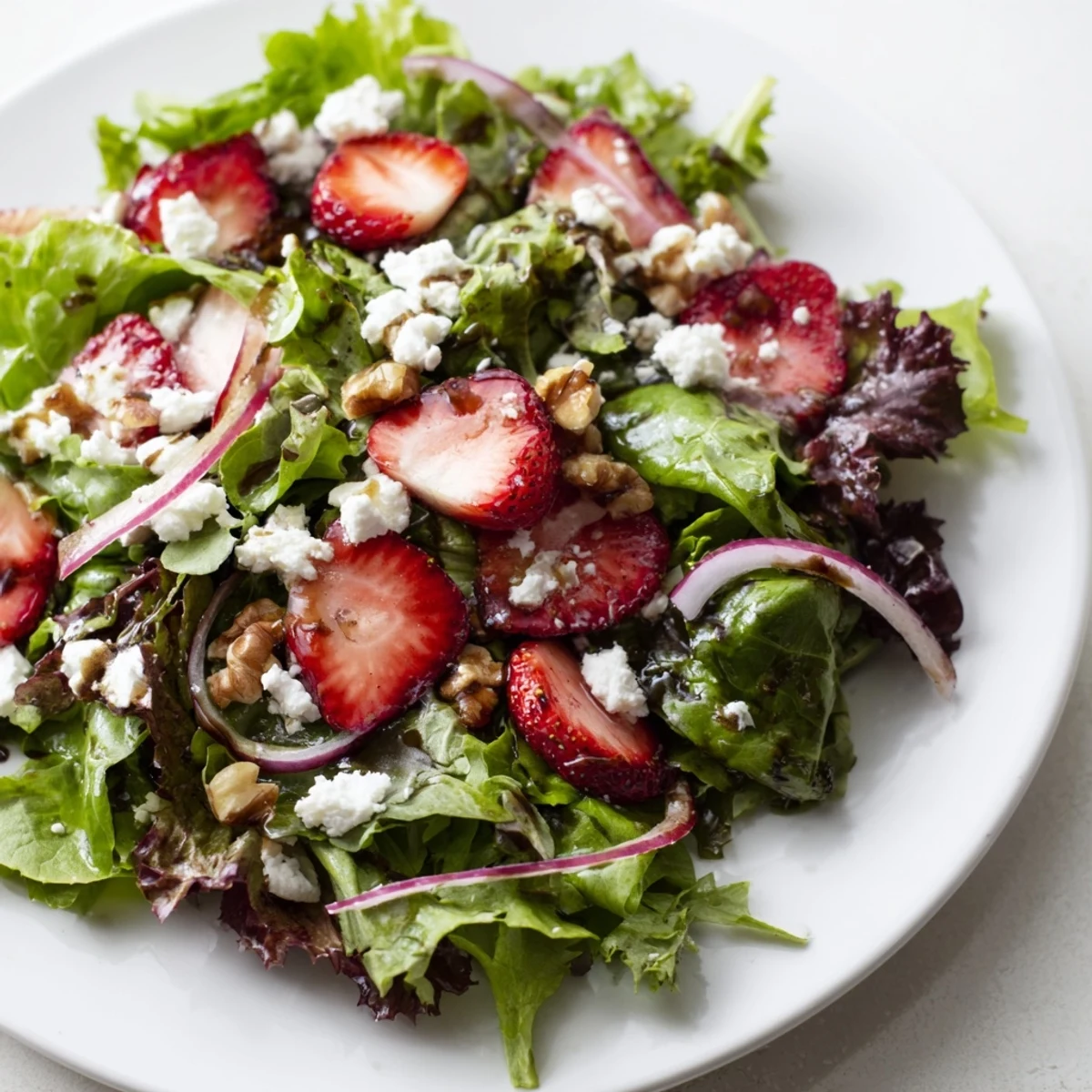 Fresh spring mix salad with strawberries, feta, and toasted pecans, drizzled with tangy balsamic vinaigrette for a bright side dish.  