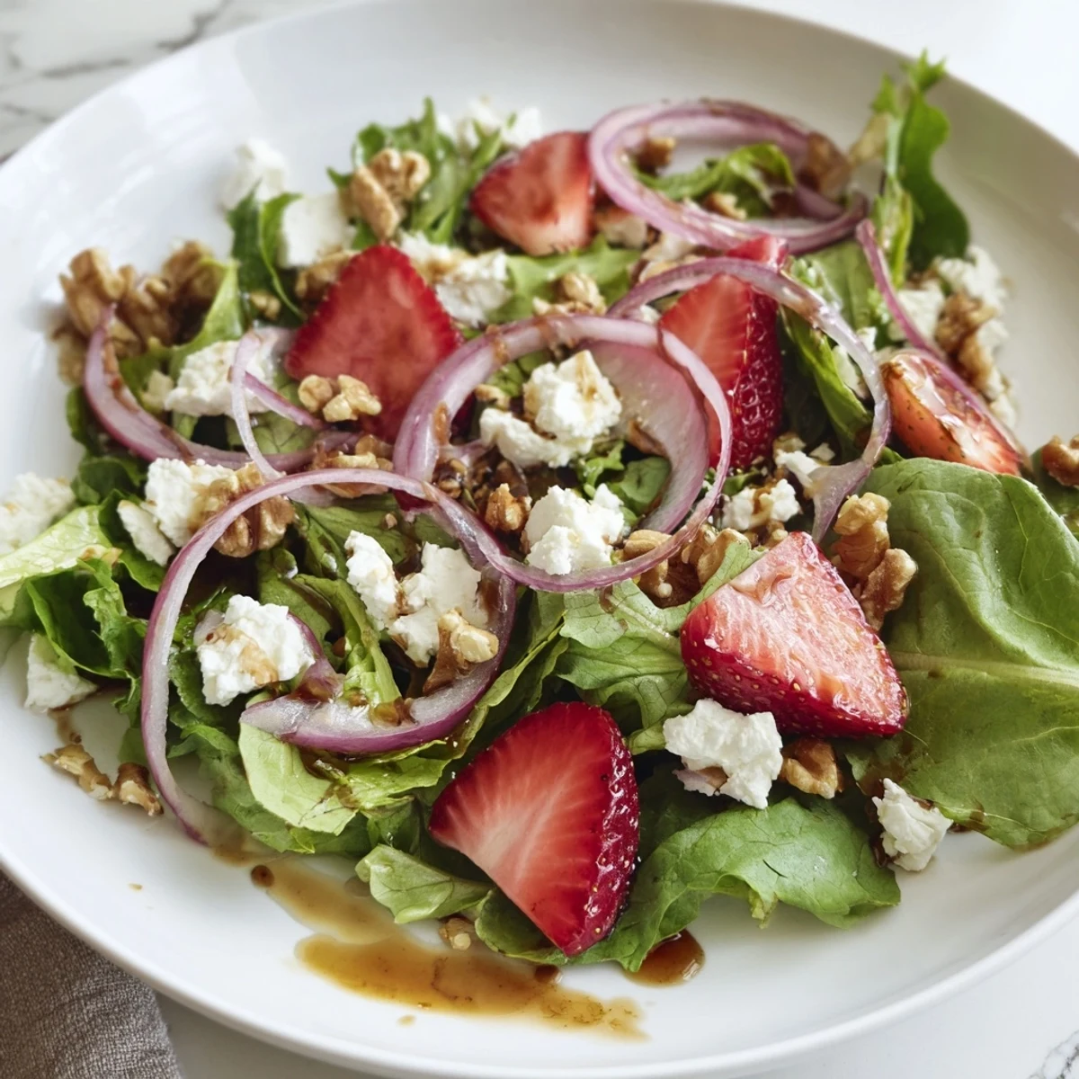A vibrant Spring Mix Salad with Strawberries and Feta, tossed with crisp greens and onions in a glossy honey-balsamic dressing.  