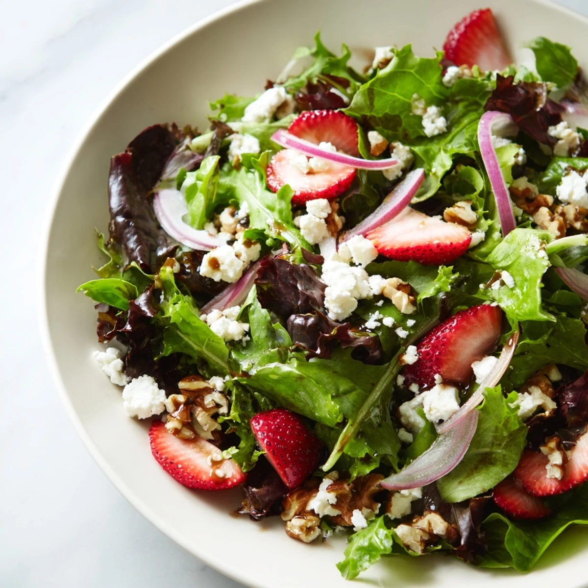 Colorful plate of Spring Mix Salad with Strawberries and Feta, featuring juicy berries and crumbled cheese, ideal for a light lunch.