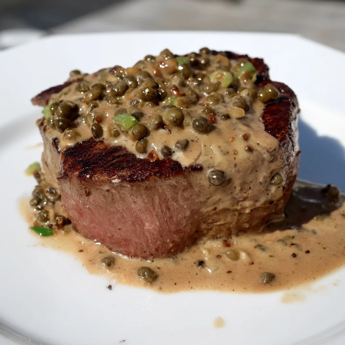 Sizzling beef tenderloin steaks topped with creamy peppercorn sauce, served alongside roasted potatoes and green beans.