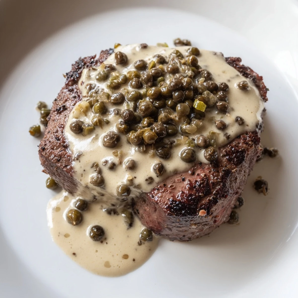 Garnished beef tenderloin with peppercorn cream sauce on a rustic plate, ready for a wine-paired dinner.