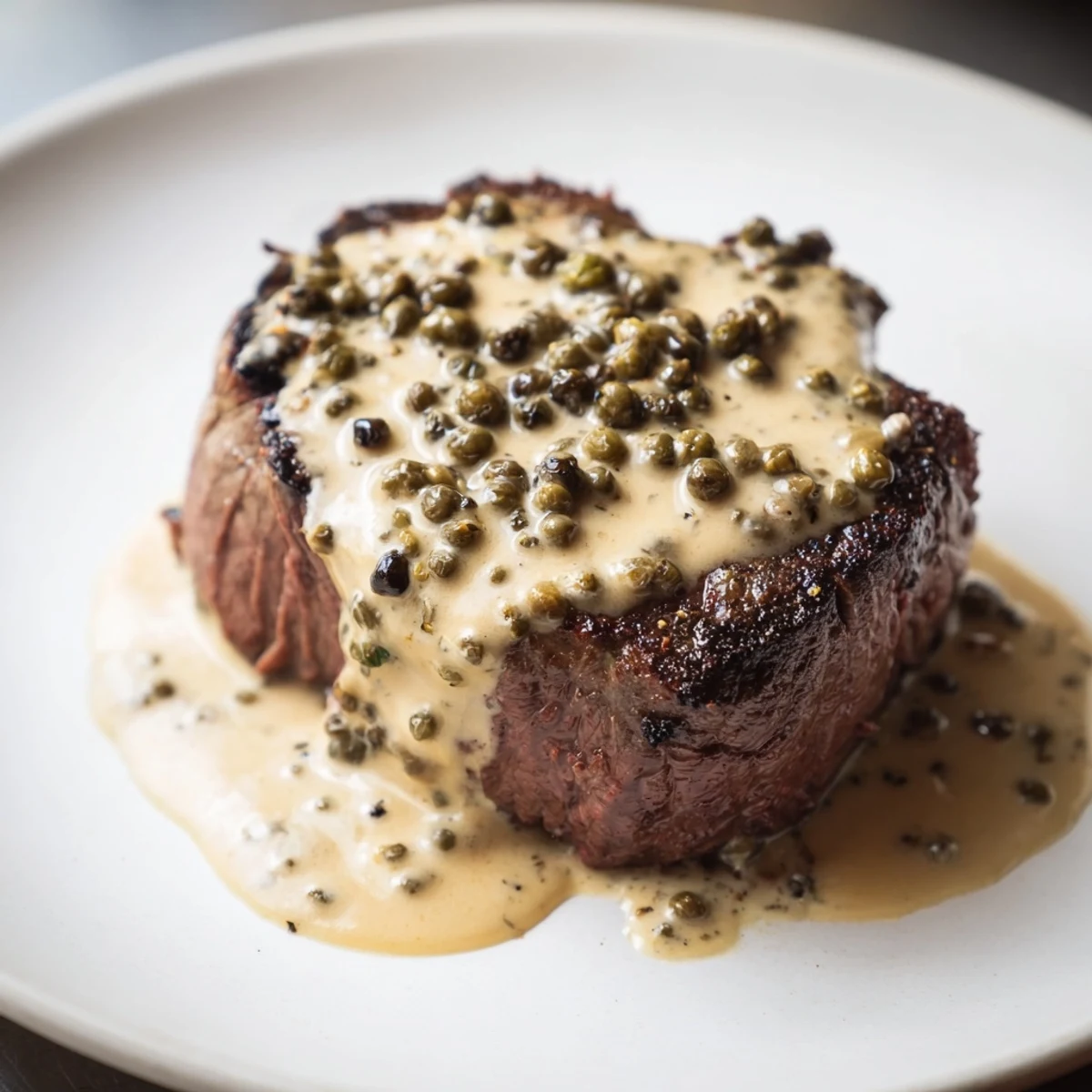 Restaurant-quality beef tenderloin with peppercorn cream sauce, finished with fresh herbs for a luxurious main course.