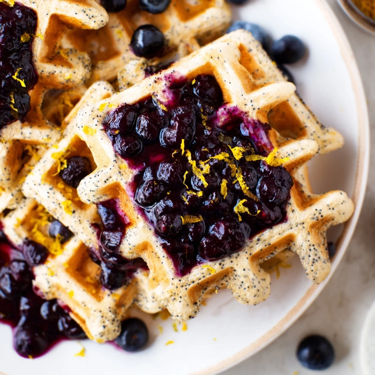 A close-up of fluffy Lemon Poppy Seed Waffles drenched in sweet blueberry syrup, perfect for breakfast.