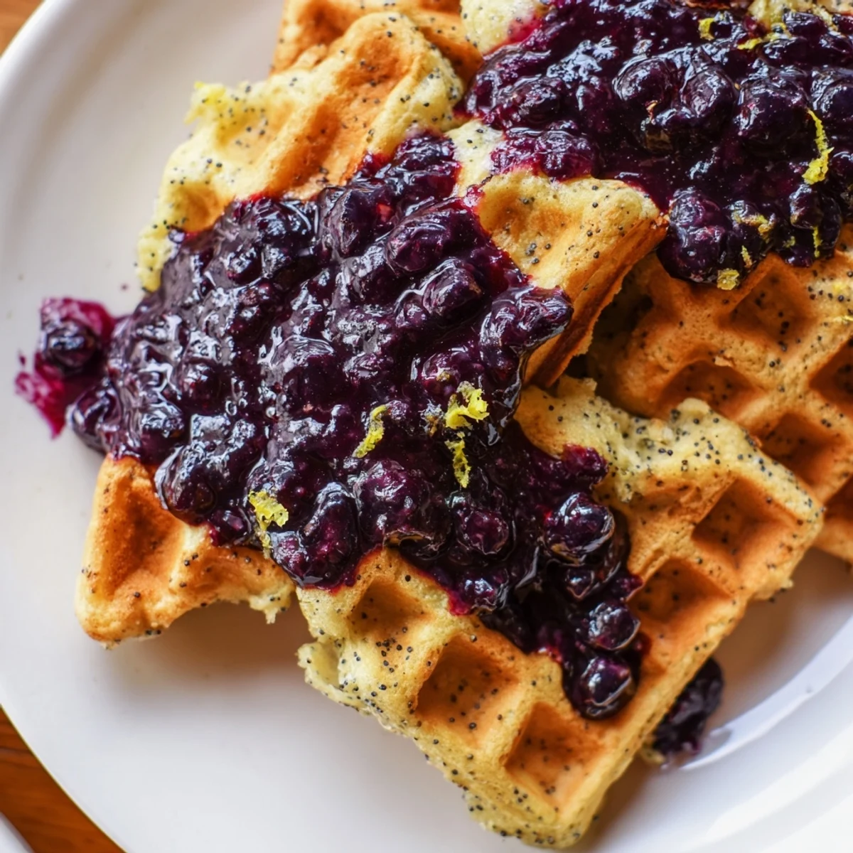 Crispy, golden Lemon Poppy Seed Waffles topped with warm, vibrant homemade blueberry syrup for a bright brunch.