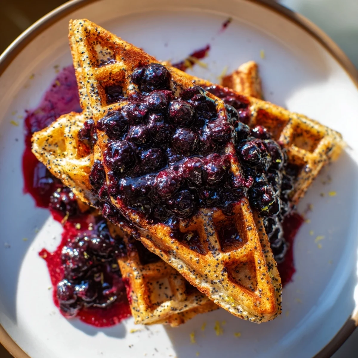 Freshly made Lemon Poppy Seed Waffles with a drizzle of rich blueberry syrup, ideal for a weekend treat.