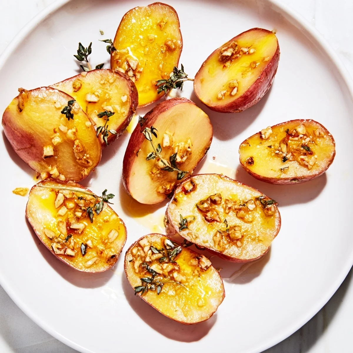 Perfectly roasted radishes with garlic and thyme glistening on a sheet pan, offering a vibrant, caramelized side dish.