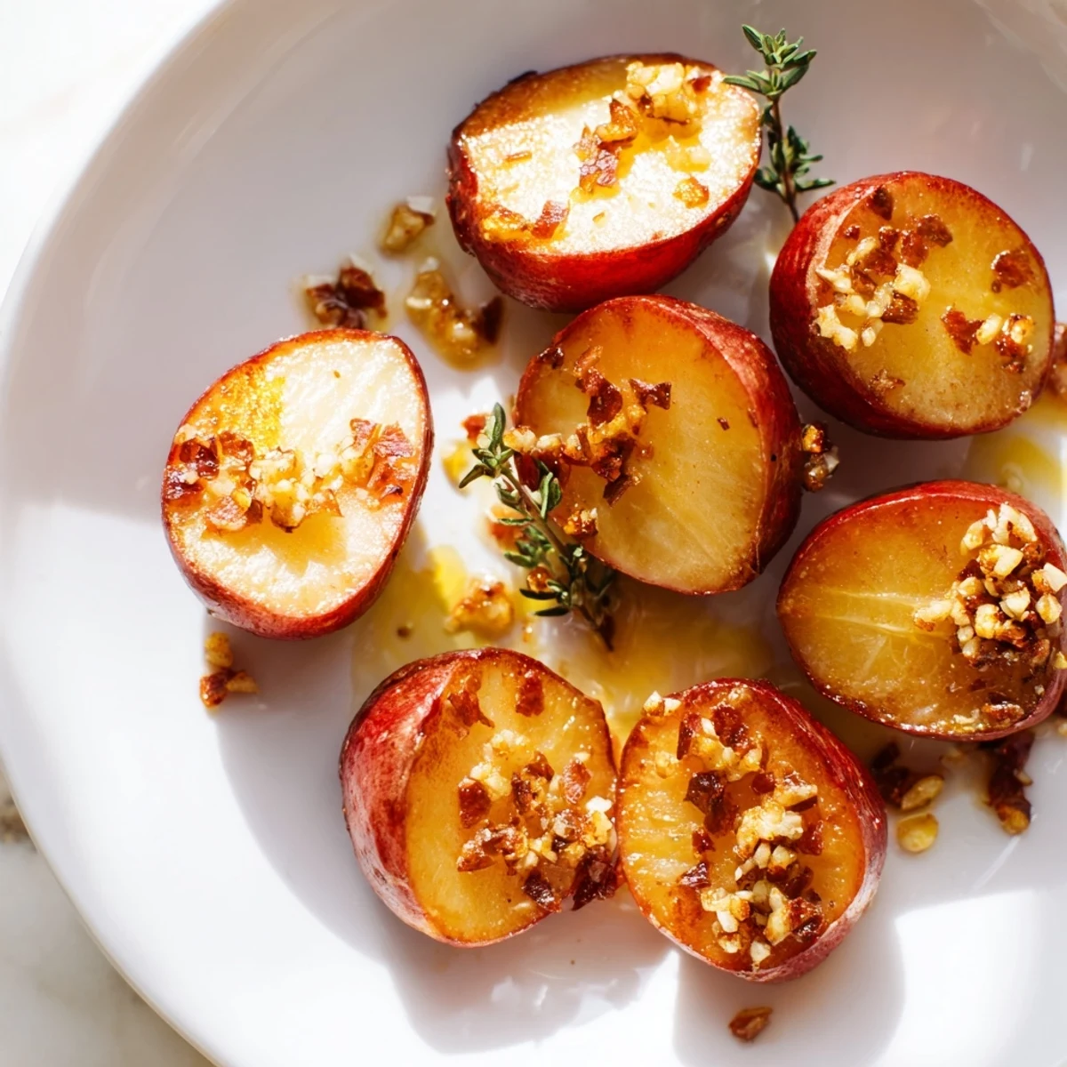 Roasted radishes with garlic and thyme on a ceramic dish, ready to be paired with grilled chicken or fish.